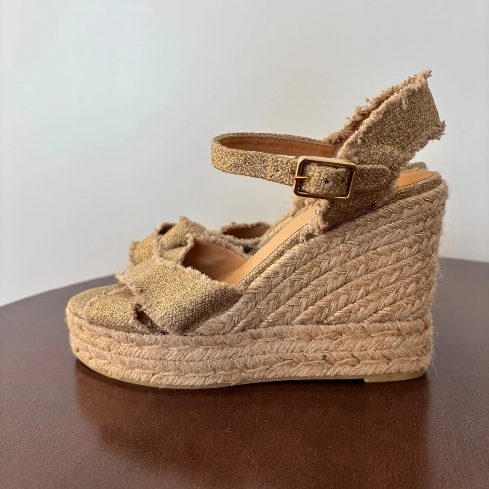 Castañer Bromelia Frayed Metallic Canvas Wedge Espadrilles, Size 39/ US 8